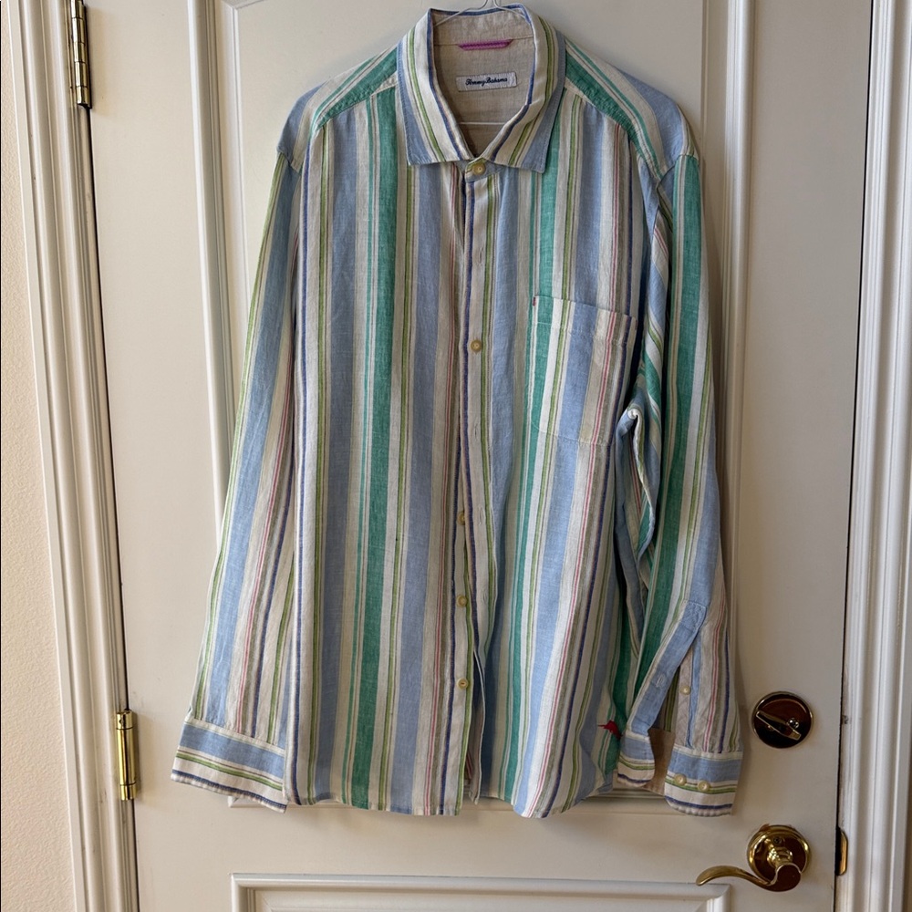 Tommy Bahama Green and Blue Striped Men's Linen Shirt lg
